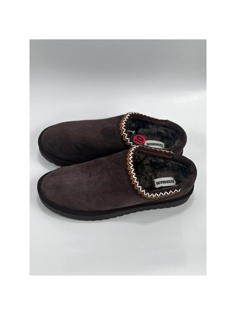 Cushionaire Suede Slipper Mules Mens 10 Brown Embroidered Trim Faux Fur Lined$80